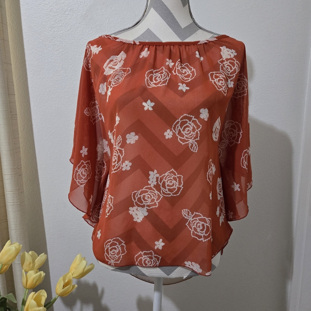 Floral Boho Top Sheer Orange Beige White Batwing Sleeves Size Large